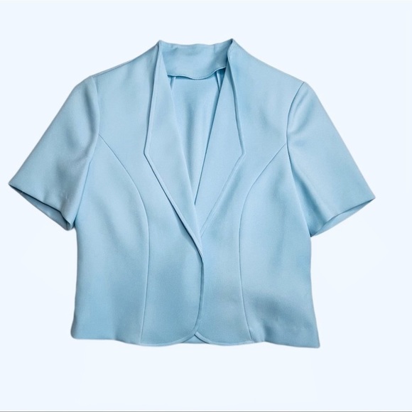 VINTAGE 70s 2-piece skirt SET baby blue matching skirtsuit minimalist workwear - Picture 3 of 10